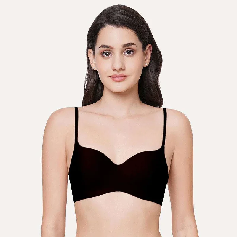 Basic Mold Padded  Non Wired 3/4Th Cup Everyday T-Shirt Bras-Black