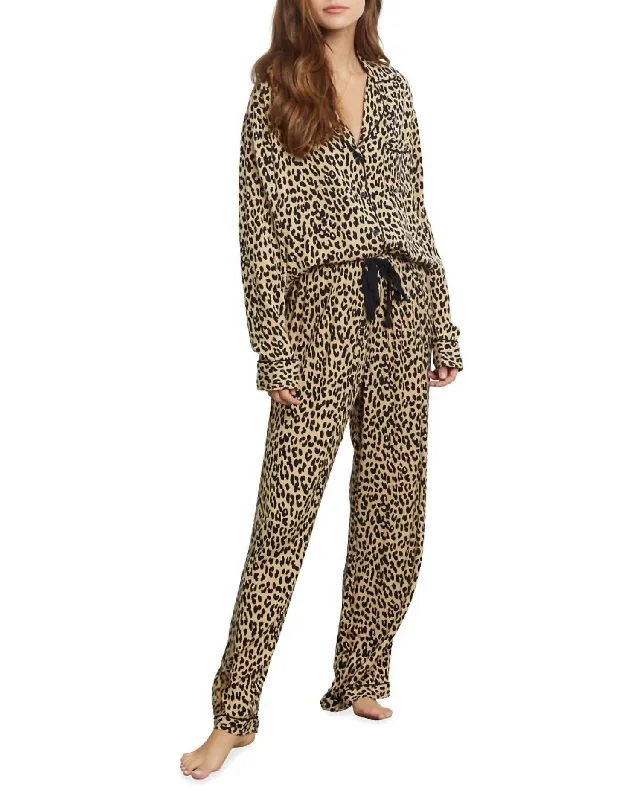 Clara Animal Print Long Pajama Set In Sand Jaguar