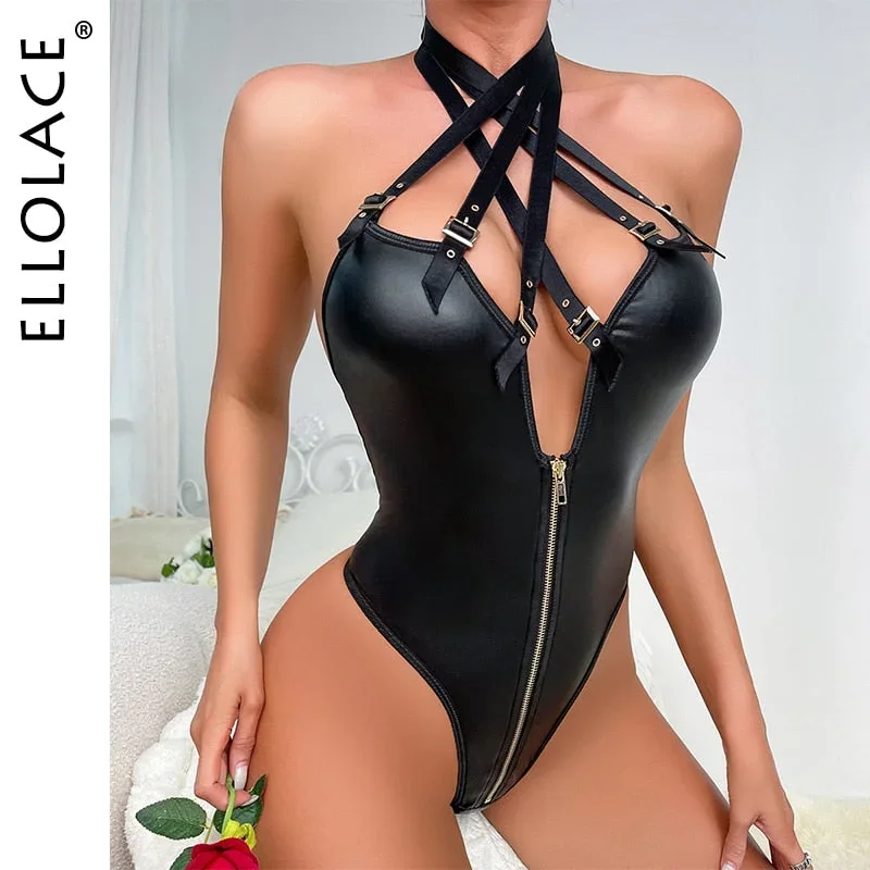 Ellolace Leather Bodysuit Halter Buckle Hot Sexy Body Uncensored Fetish Pvc Crotchless Teddy Deep-V Zipper Fantasia Latex Tops