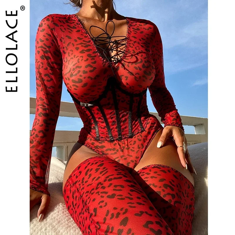 Leopard Bodysuit With Stocking Deep-V Lace Up Red Long Sleeve Top Sexy Rompers With Garter 3-Piece