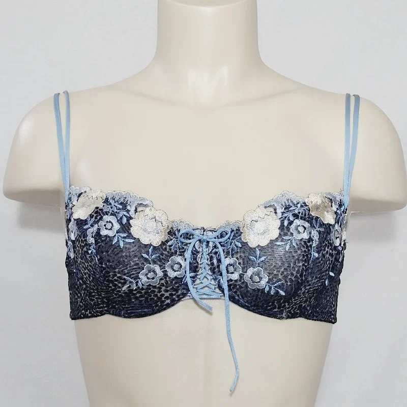 Felina 5266 Semi Sheer Embroidered Lace Up Balconette UW Bra 36B Blue Floral