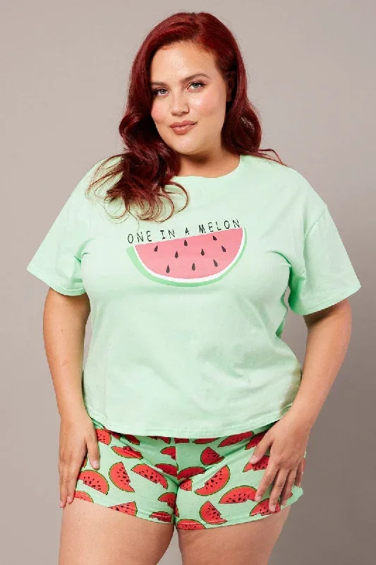 Green Print Graphic Pyjama Set Cute Melon Print PJ