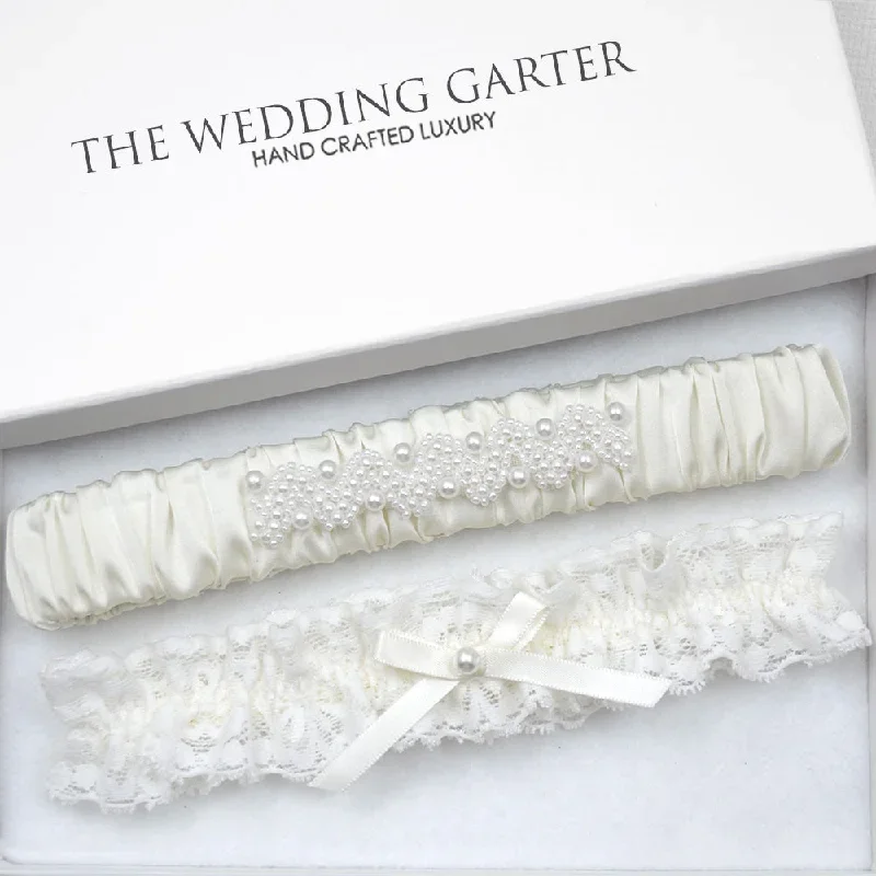 Heidi Ivory Satin & Lace Wedding Garter Set