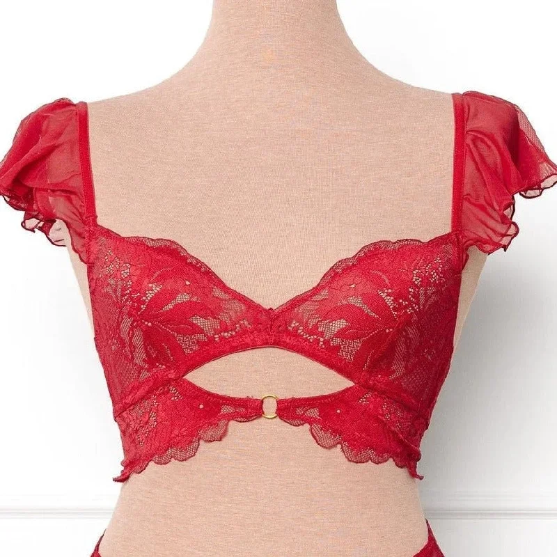 Lace & Mesh Keyhole Bralette - Scarlet Red