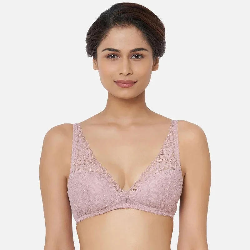 Mystique Padded Non Wired 3/4Th Cup Lace Plunge Bra - Mauve