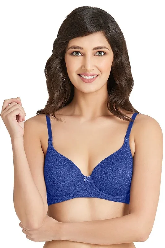 Smooth Romance Lace Seamless Padded Wired T-Shirt Bra - Royal Blue