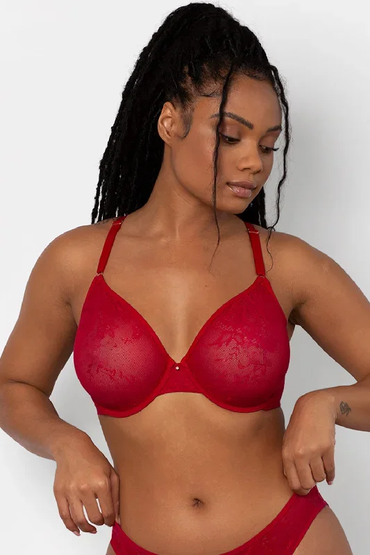 Sheer Mesh Demi Underwire Bra | No No Red Smooth Lace