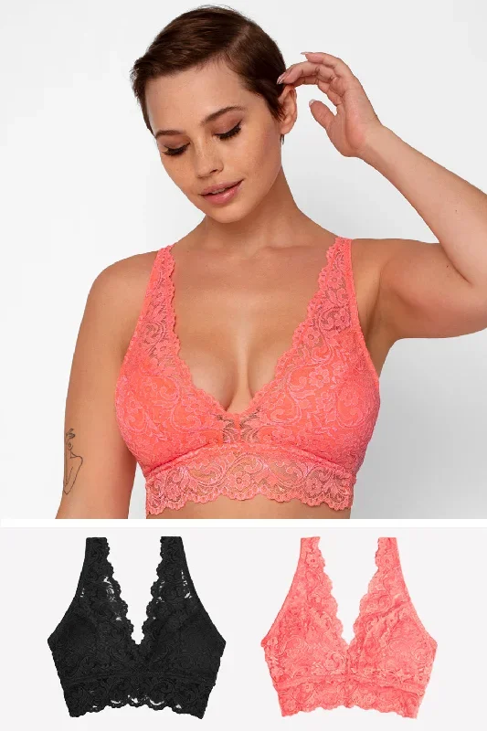 Signature Lace Deep V Bralette 2 Pack | Punchy Peach/Black Hue