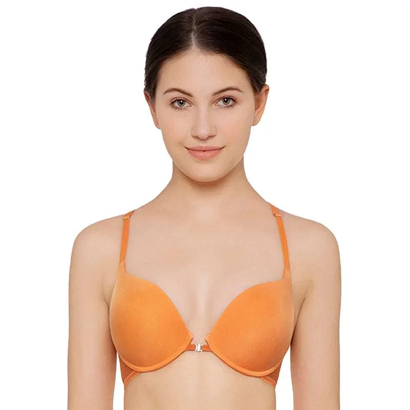 Soleil Padded Wired 3/4Th Cup Front Closure Plunge Lacy Bras-Orange