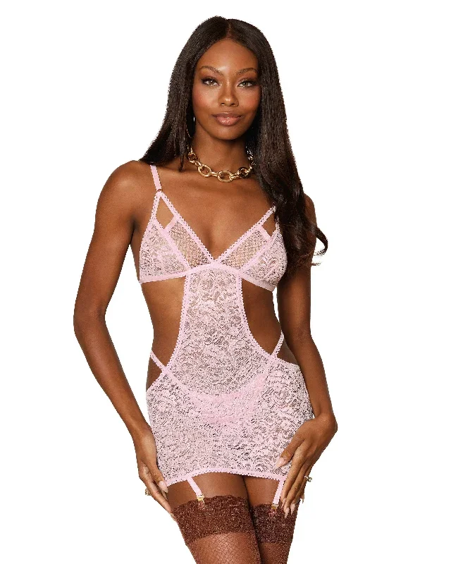 Dreamgirl Textured mesh and stretch lace garter slip and matching lace G-string set